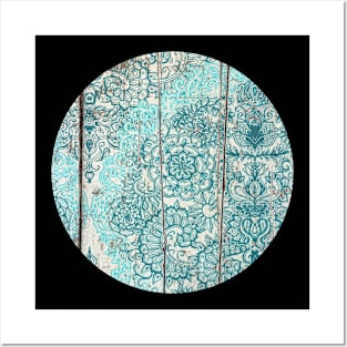 Teal & Aqua Botanical Doodle on Weathered Wood Posters and Art